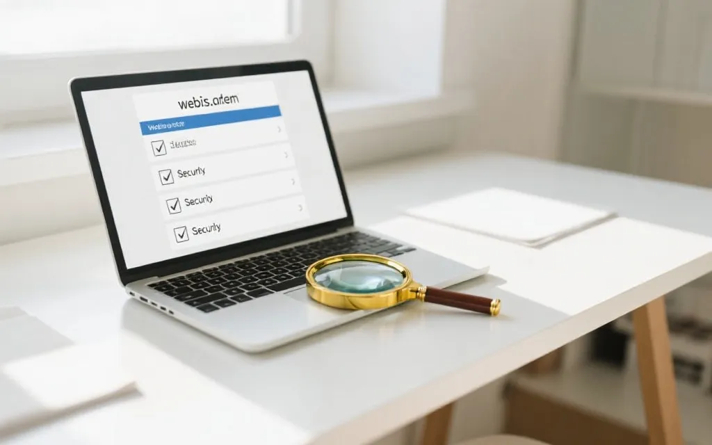 桌面上放着笔记本电脑与放大镜，聚焦网页地址与安全提示，象征核验与自检