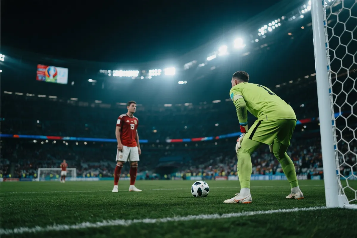 淘汰赛加时与点球大战前的紧张氛围，球场灯光与观众席声浪