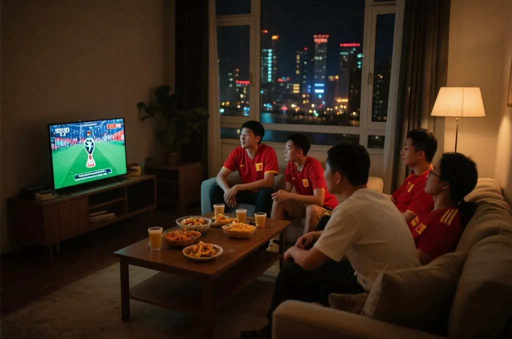 深夜里围坐观看世界杯的中国球迷场景