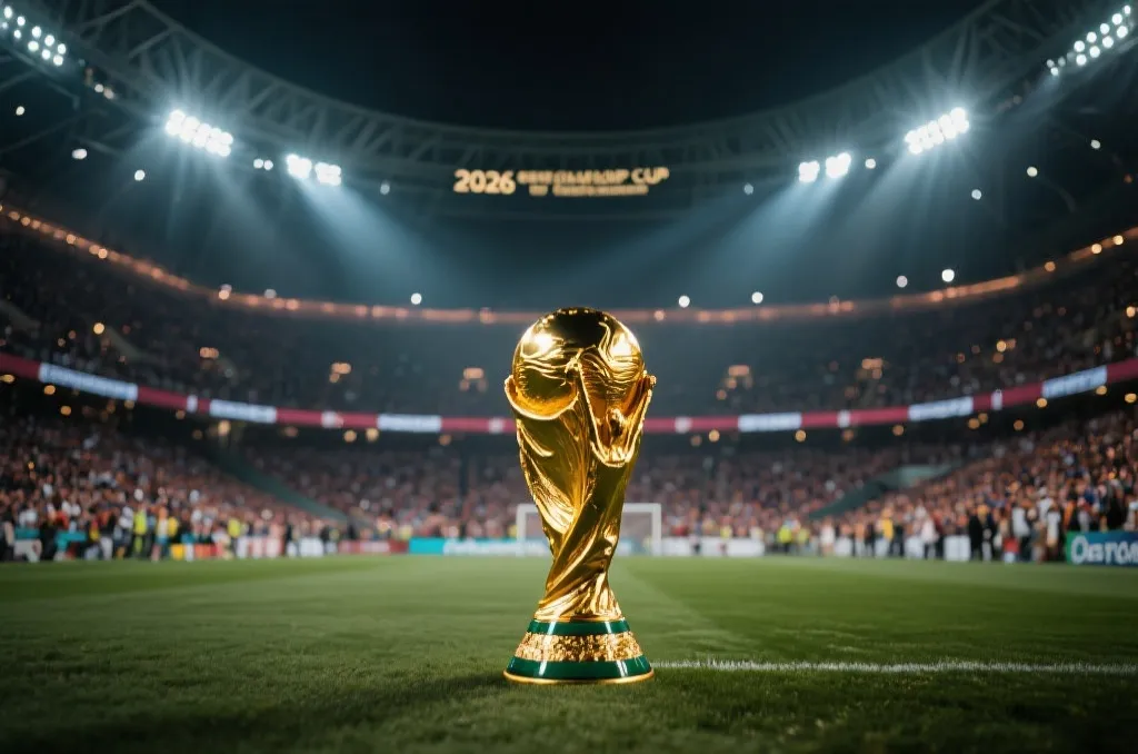 2026年世界杯决赛球场,座无虚席,灯光璀璨,金杯在前景熠熠生辉,电影感画面